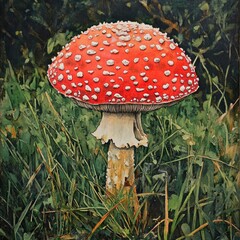 Red mushroom with white spots in grass.  Detailed close-up of a vibrant red toadstool,  studded with white dots, standing amidst green grass.  The mushroom's stem is light beige