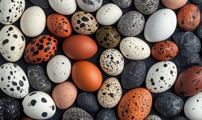 Obraz premium Variety of Colorful Eggs and Pebbles Displayed on Dark Surface