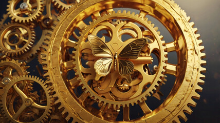 Fototapeta premium Golden Gears and Butterfly Abstract 3D Render