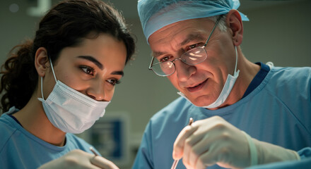 Young surgeon and senior doctor performing operation together in operating room with surgical masks and instruments. Medical mentorship for healthcare education and surgical training programs