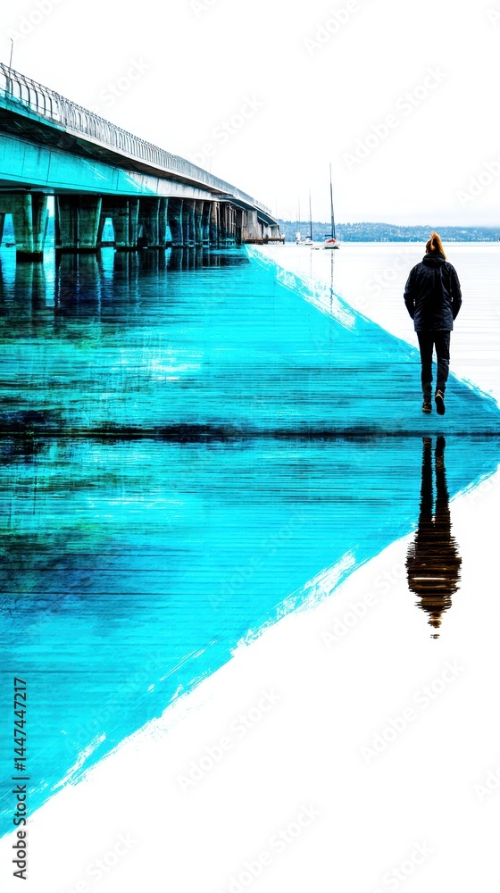 Aufkleber abstract artistic double exposure conceptual image of a figure standing on a pier with reflected vib
