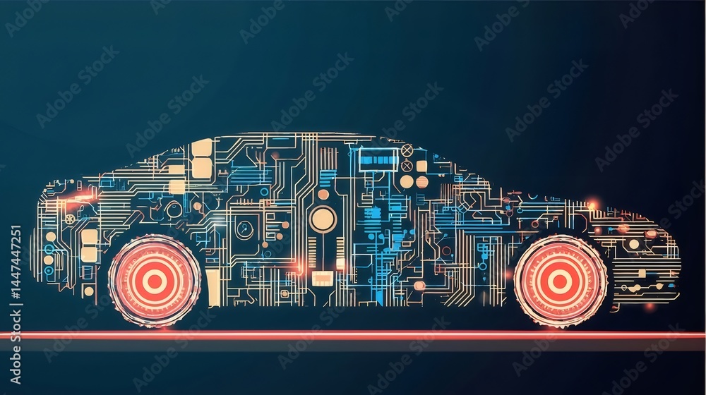 Poster 未来の電気自動車のデジタルイラスト回路図 青い背景に光る線と赤い車輪の抽象デザイン
