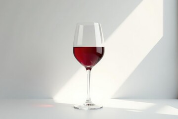 Single red wine glass on pristine white backdrop; sunlit , simple, sunlit