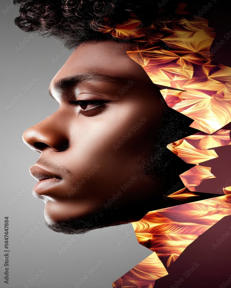 Poster artistic double exposure conceptual image of a profile enhanced with abstract floral elements and te