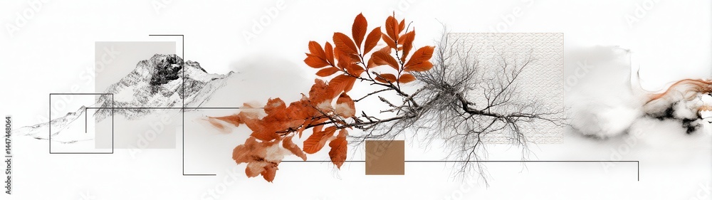 Poster artistic double exposure abstract conceptual composition featuring red leaves and architectural elem