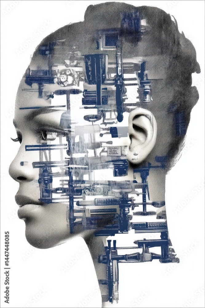 Poster abstract artistic double exposure conceptual image of human profile merged with mechanical elements 