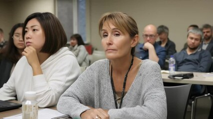 Two businesswomen are actively listening and participating in a professional conference, their focused expressions suggesting engagement with the presented material