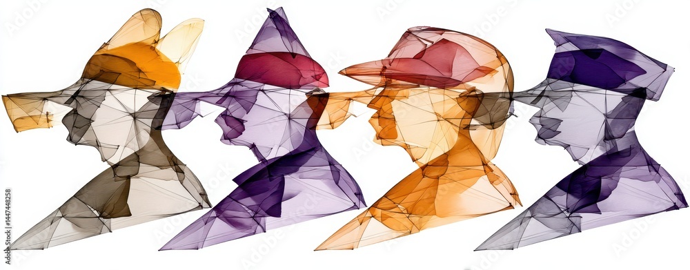 Poster abstract artistic double exposure concept featuring artistic faces in distinct colors and styles for