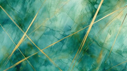 Fototapeta premium Abstract teal and gold watercolor background with intersecting lines.