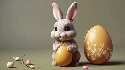 Cute bunny and single easter egg. Concept and idea of happy easter day.