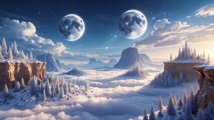 Winter wonderland landscape with mountains cliffs cloudscape and two full moons