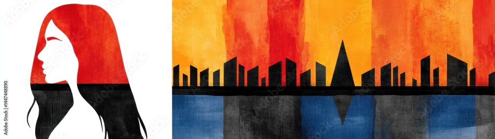Poster artistic double exposure concept combining abstract portrait and vibrant cityscape with bold colors 