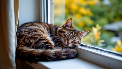 Cat Napping by the Window: A peaceful, sleepy cat enjoys a tranquil nap on a sunlit windowsill, perfectly at ease against a backdrop of blurry outdoor greenery.