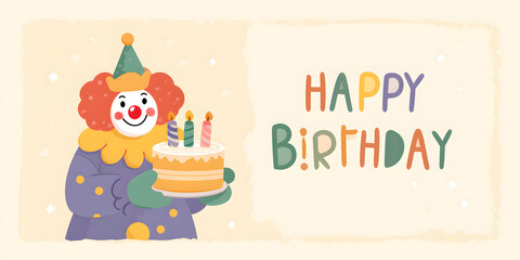 Fototapeta premium Colorful clown celebrating a joyful birthday with a cake and candles in a festive atmosphere