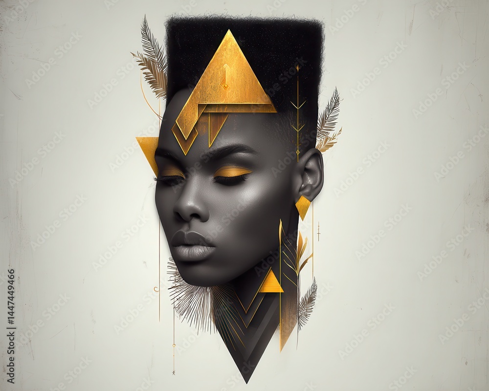 Poster artistic double exposure portrait featuring abstract geometric shapes and a conceptual representatio