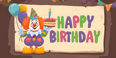 Fototapeta premium Colorful clown celebrating a joyful birthday with a cake and candles in a festive atmosphere