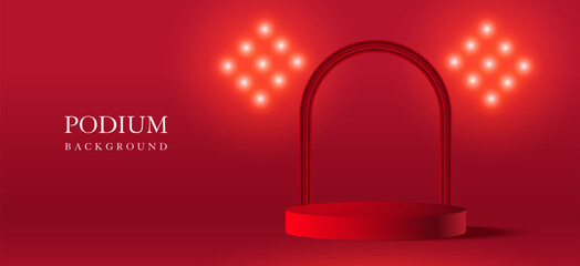 Red luxury display stand background with spotlight for product presentation. vector illustration