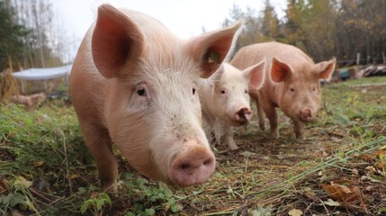 Happy Pigs Grazing in Autumn Field
