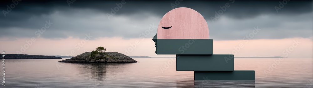 Poster abstract artistic conceptual double exposure of geometric forms with an island landscape reflection 