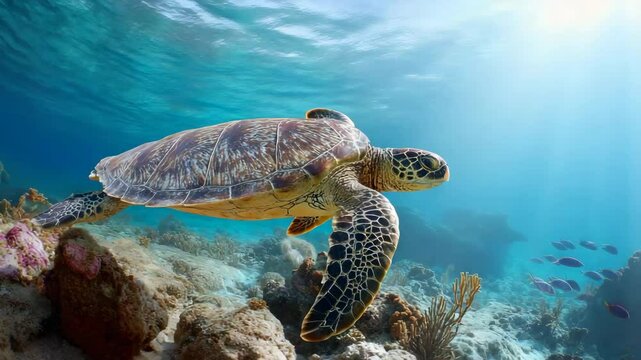 A beautiful sea turtle gracefully gliding through the serene ocean waters, showcasing the vibrant marine life and stunning underwater ecosystem in its natural habitat.