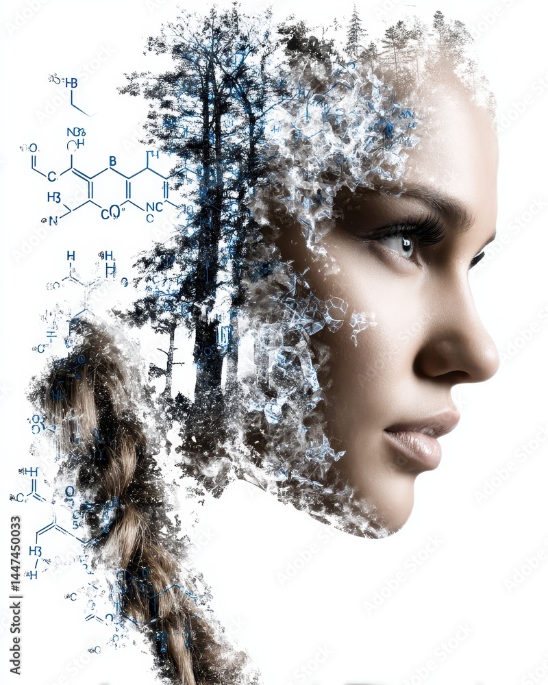 Aufkleber ethereal double exposure portrait merging nature and science in a conceptual artistic representation