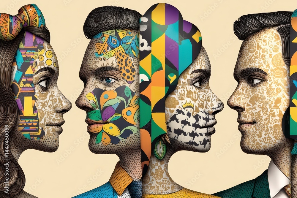 Poster abstract artistic double exposure portraits of two individuals with intricate patterns and colors fo