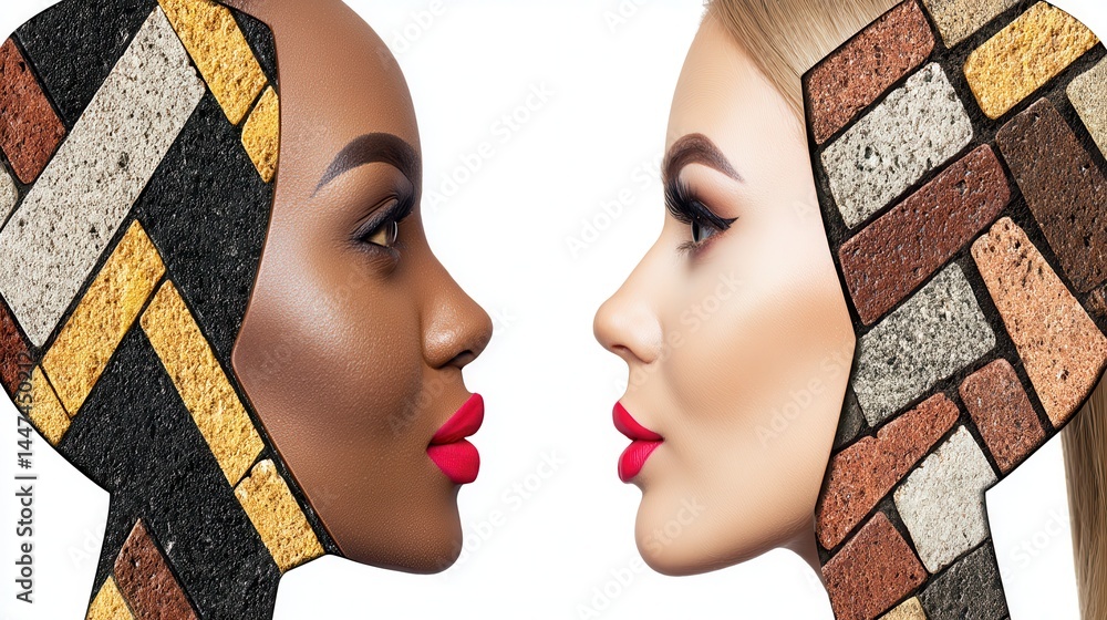 Poster abstract artistic double exposure conceptual artwork of two diverse faces merging with colorful bric