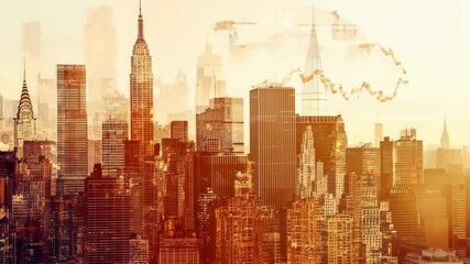 Dynamic urban skyline at sunset with growing financial graph overlay - Powered by Adobe