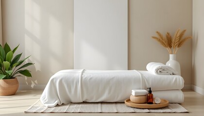 Calming setup with soft towels and oils, plenty of blank area