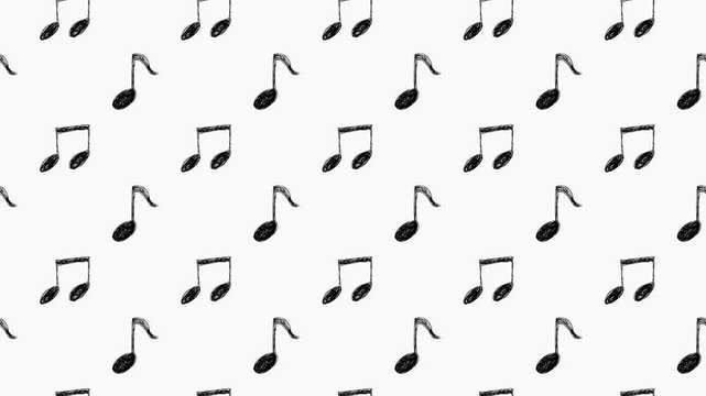 斜めにスクロールする音符柄のモノクロ背景。ループする4Kアニメーション