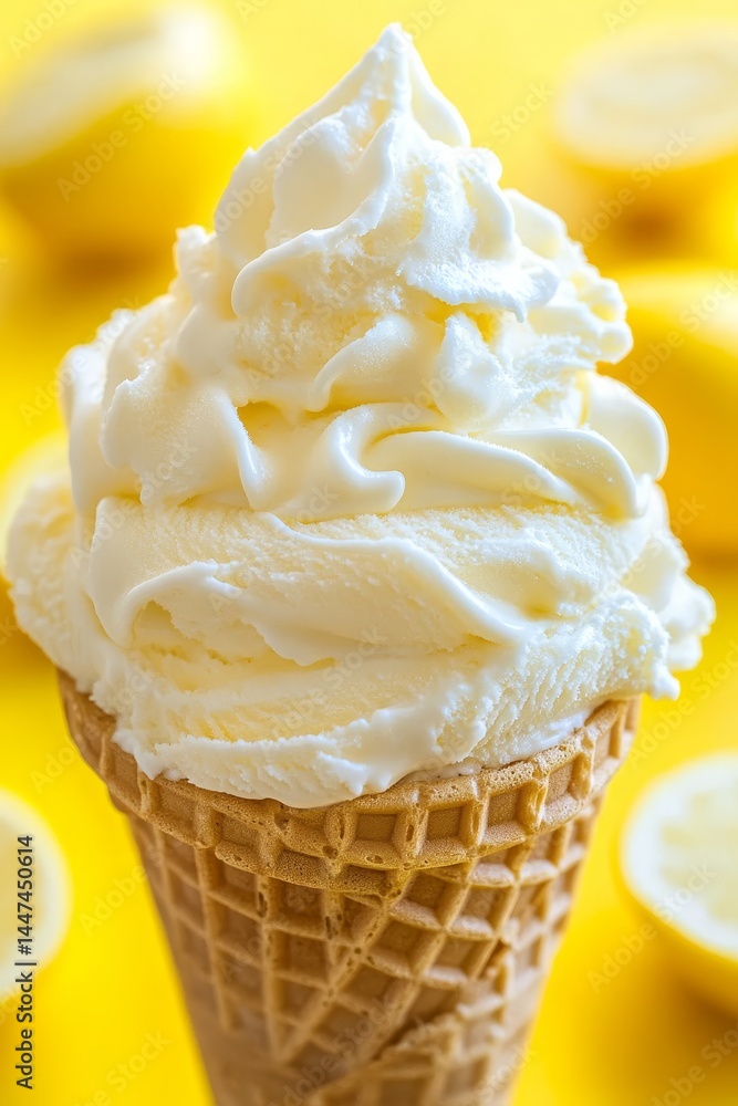 Poster refreshing lemon ice cream in waffle cone on sunny yellow background with lemon slices.