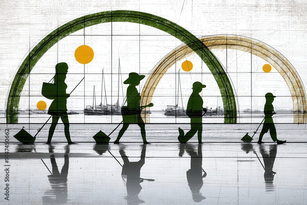 Poster abstract artistic double exposure of silhouettes walking with colorful arches and reflection on wate