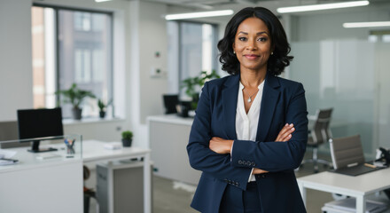 African american businesswoman in navy suit with white blouse smiling in modern office. Professional female executive with arms crossed in corporate workspace. For business leadership advertising