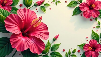 Vibrant hibiscus blossoms, lush green leaves, repeating floral design , flower, print, illustration