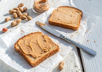 Naklejka premium Peanut Butter Delight: An overhead shot presents a tempting visual of peanut butter toast, accompanied by peanuts and a knife, all meticulously arranged on a sun-drenched surface.