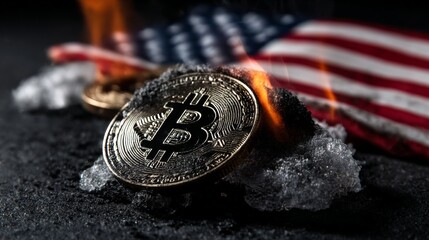 Bitcoin on ice in the middle of burning usa flag
