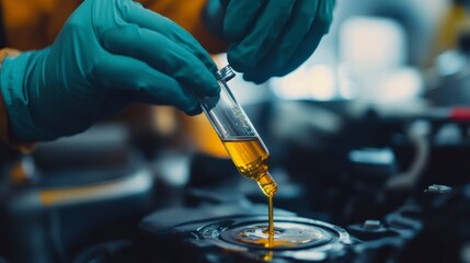 Close-up of gloved hands pouring yellow liquid into engine.