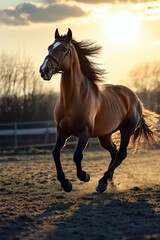 A fine horse runs towards the sun.