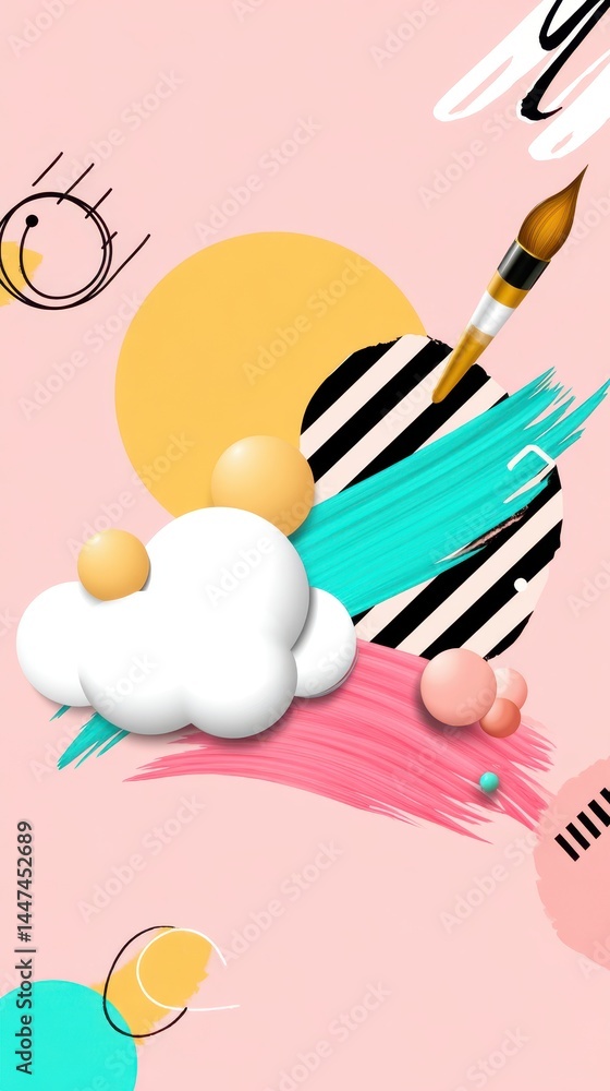 Poster vibrant abstract art with double exposure elements featuring playful shapes and artistic textures on