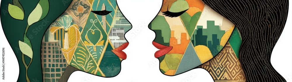 Poster artistic double exposure of abstract faces with nature and urban elements in a conceptual design tha
