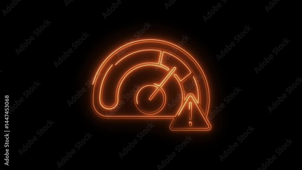 Poster neon style speedometer with warning sign animation on black background