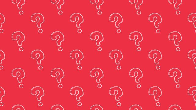 斜めにスクロールするハテナマーク柄の赤い背景。ループする4Kアニメーション