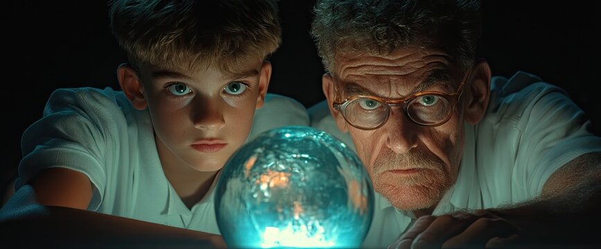 Youthful and Experienced Seekers Gaze Intently at a Crystal Ball