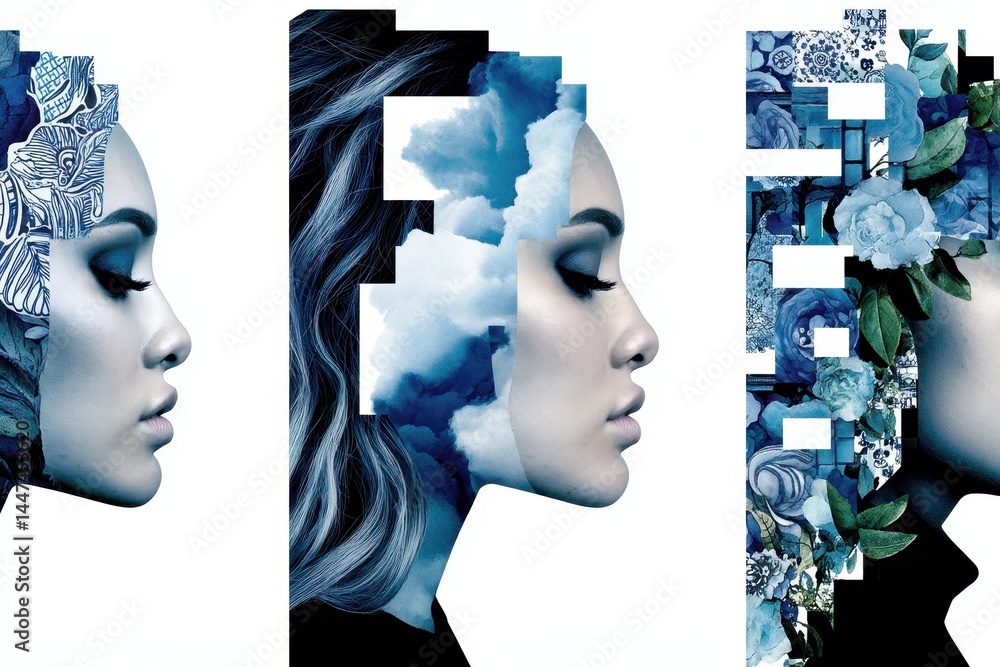 Poster abstract artistic double exposure conceptual representation of diverse faces merging with nature in 
