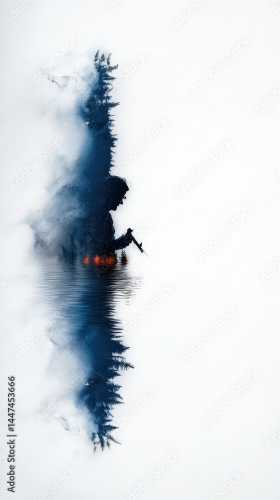 Poster abstract artistic conceptual double exposure image with reflection of a silhouette surrounded by mis