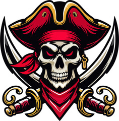 Vector Pirate Skull with Red Bandana, Tricorn Hat, and Crossed Sabers – Aggressive Cartoon Mascot Design
