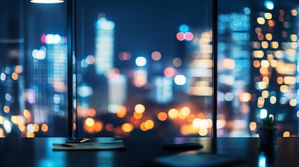 Night city lights blurred bokeh view from office window urban scene dark blue glow desk glass image