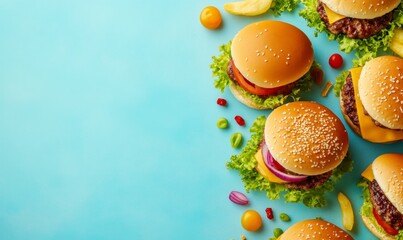 Colorful Variety of Delicious Burgers on a Blue Background