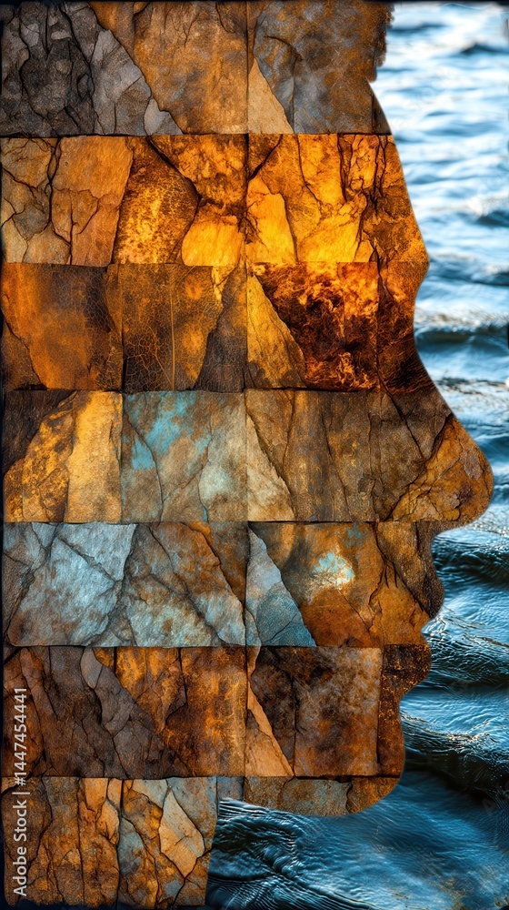 Poster abstract double exposure artwork blending artistic textures with conceptual portrait in warm tones a