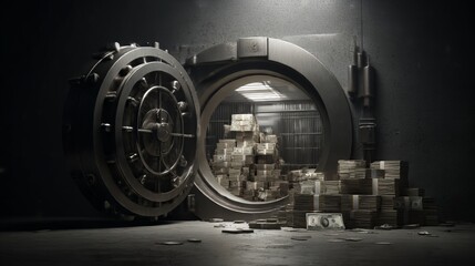 Open round large safe door and inside it stacks of dollars